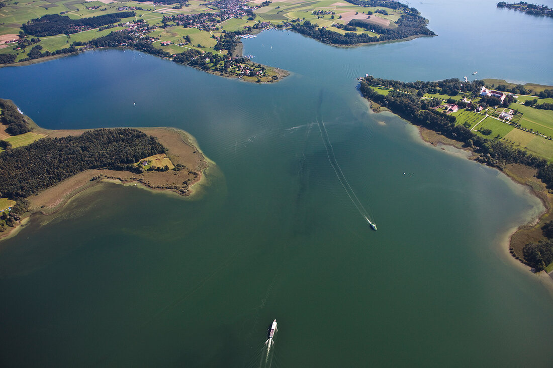 Aerial view of Herrenchiemsee and Gstadt am Chiemsee at Bavaria, Germany