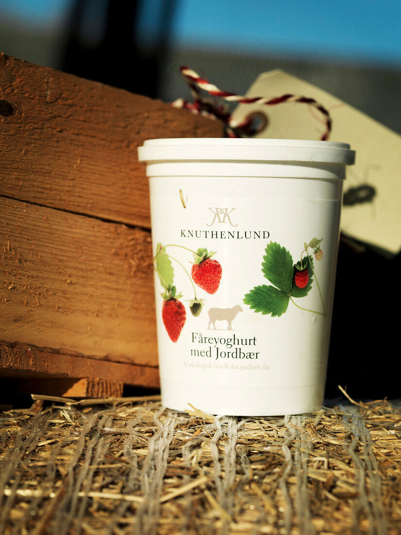 Container with strawberry yogurt from Knuthenlund in Lolland, Denmark