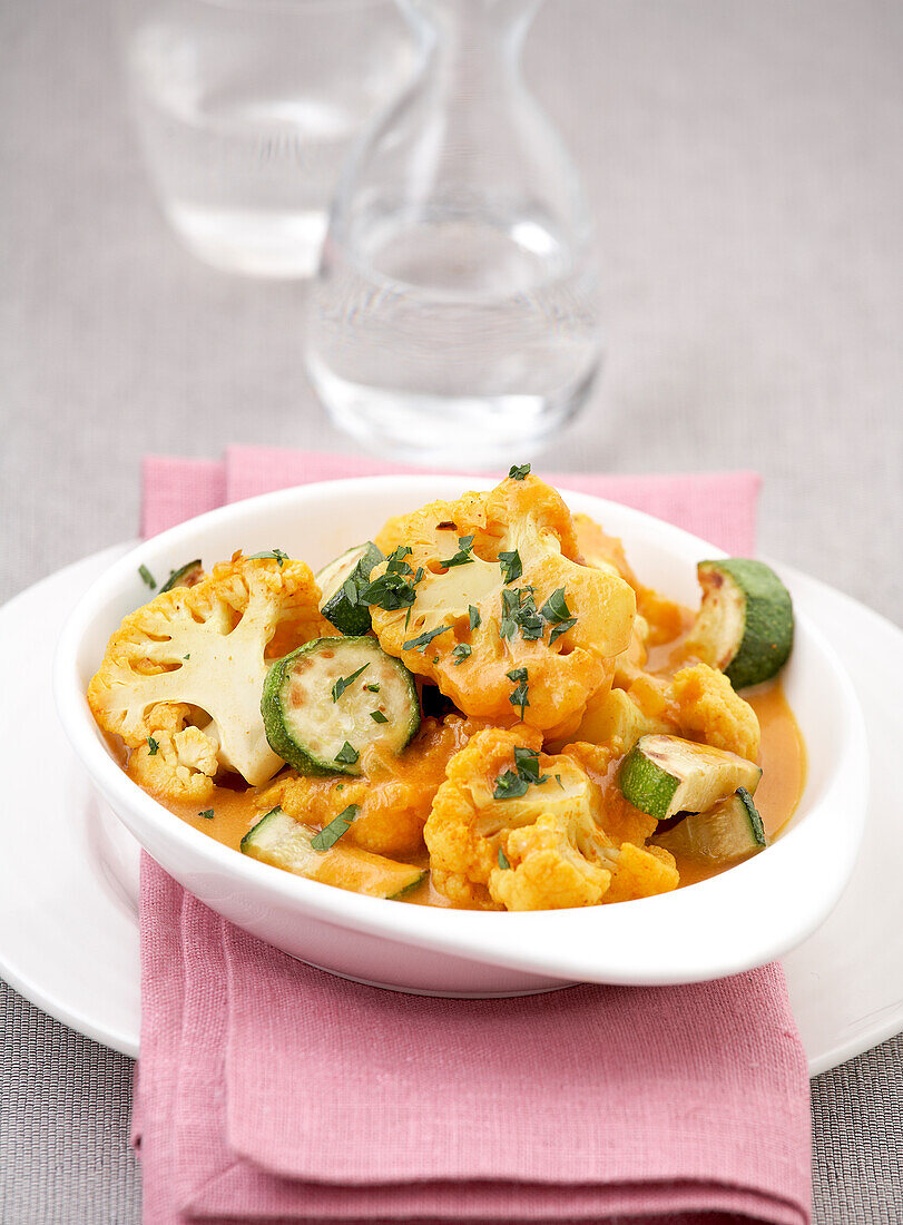 Cauliflower and zucchini curry in serving dish