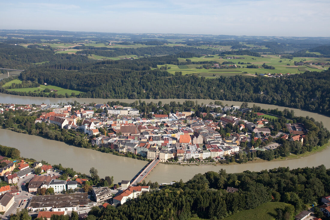 View of cityscape with Wasserburg am Inn in Rosenheim, Bavaria, Germany, Aerial view