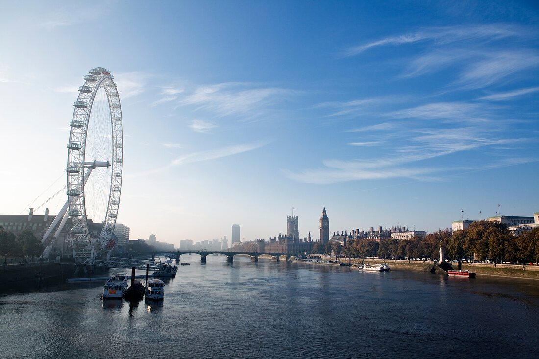 View of London Eye with river Thames, London, UK