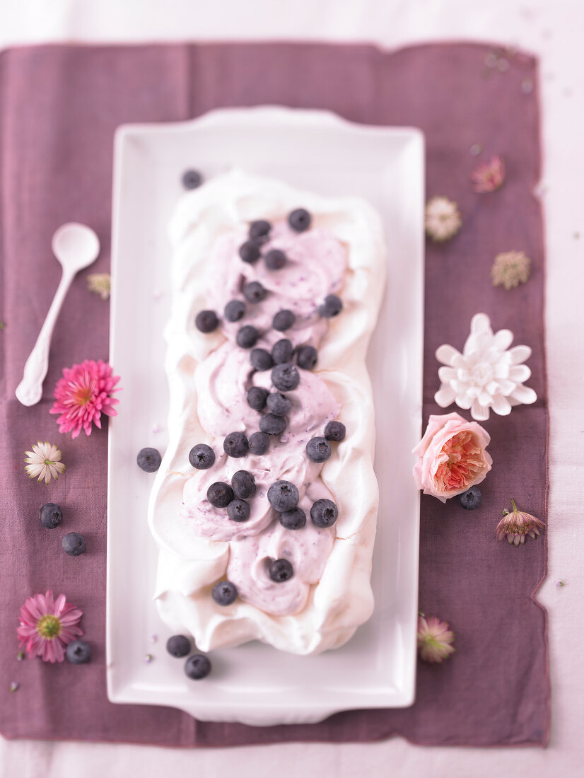 Close-up of pavlova with blueberry cream, blueberries and meringue pie on serving dish