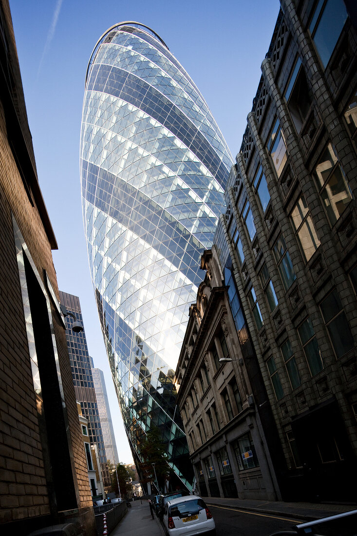 Low angle view of Cucumber building in London, UK