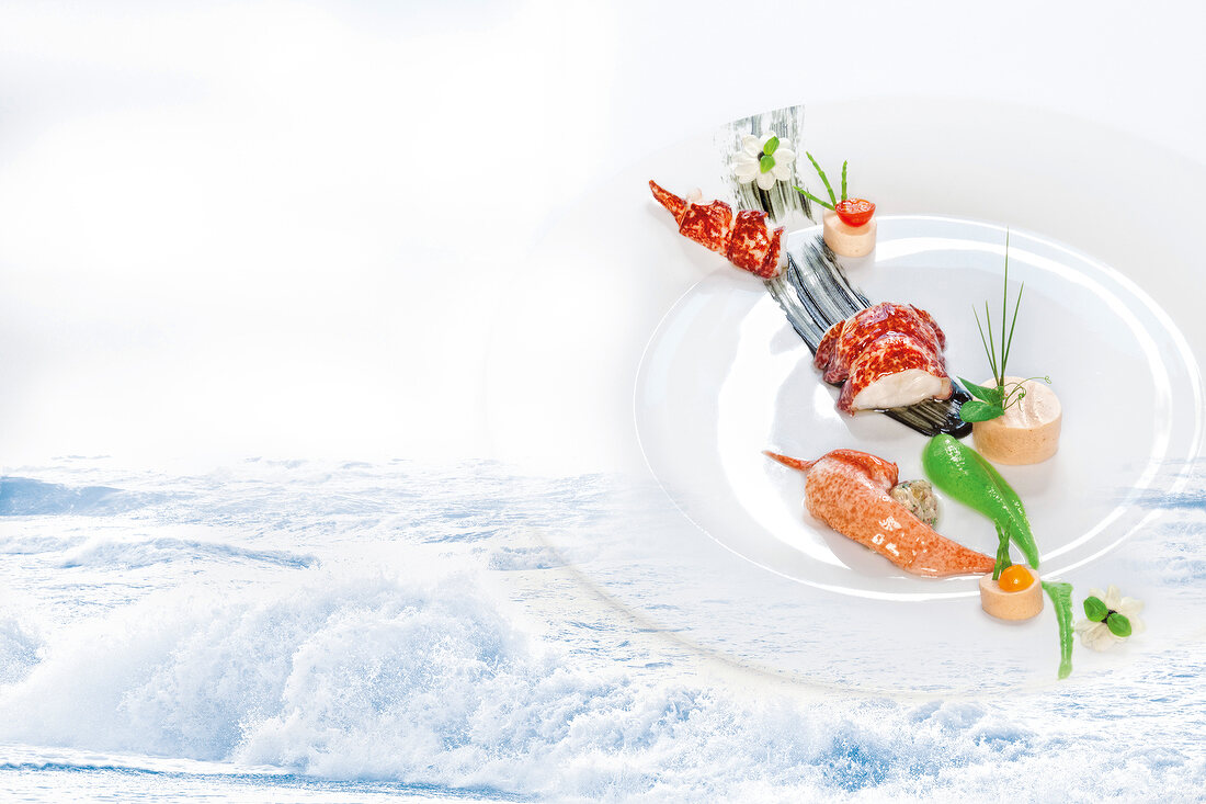 Lobster with verbena and yoghurt cream on plate