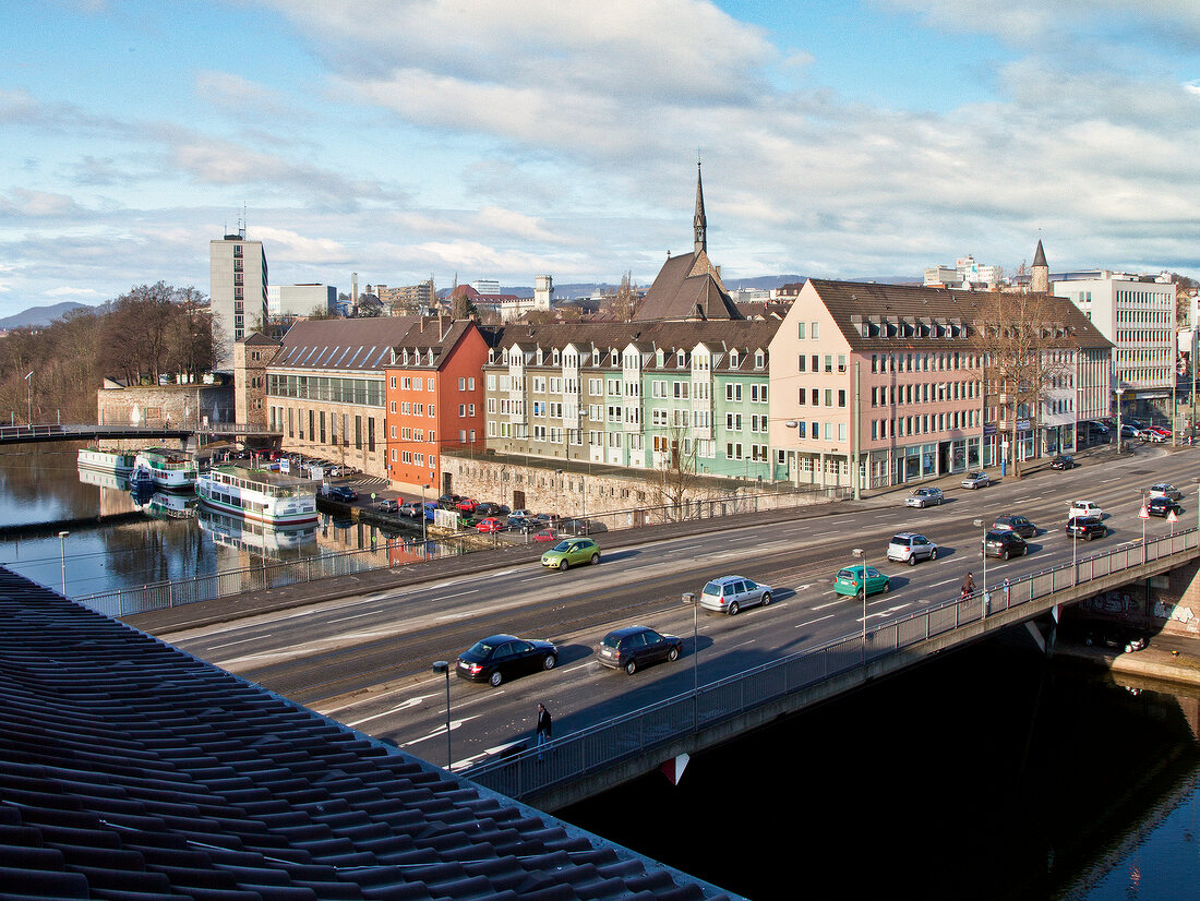 Elevated view of Fulda Bridge, downtown, Bettenhausen, Fulda, Hessen, Germany