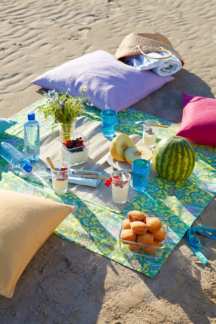 Fruits, drinks, and cushions on picnic blanket at beach