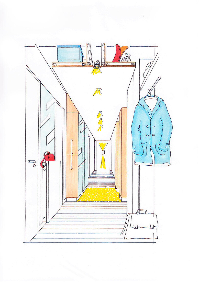 Illustration of corridor with recessed lights, wardrobe and coat hanging in coathanger