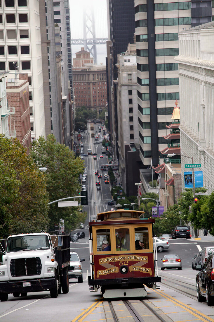 Busy street with tram in San Francisco, California