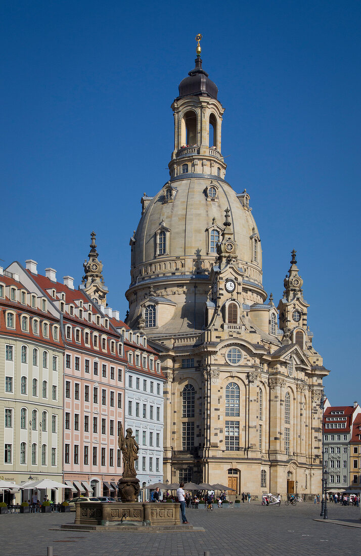 Sacred architecture of Frauenkirche in Neumarkt square, Dresden, Germany