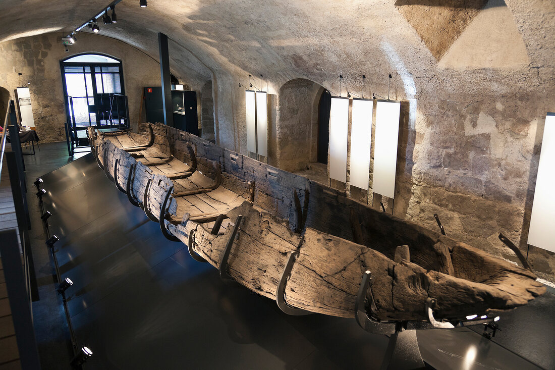 Interior of museum with old boat, Yverdon-les-Bains, Neuchatel, Switzerland
