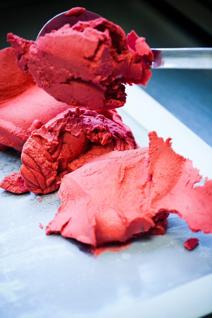 Close-up of scooped strawberry dessert on plate