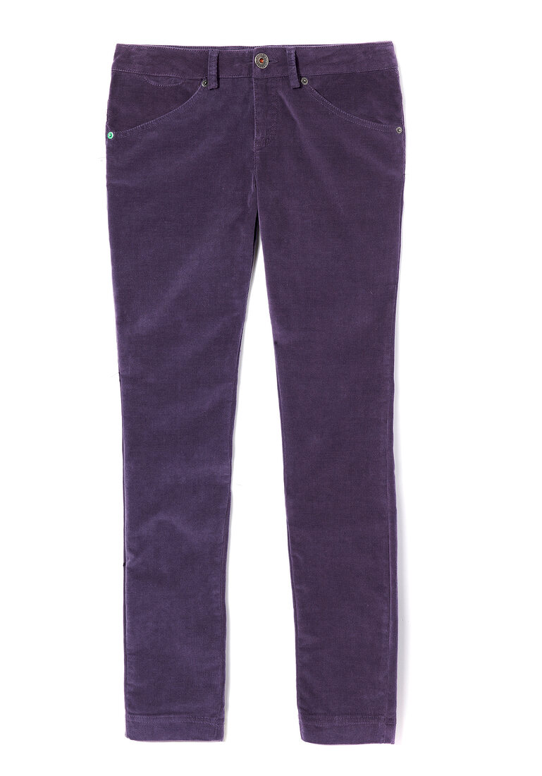 Purple slim cut fine corduroy trousers on white background