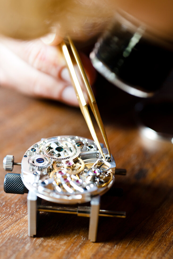 Close-up of manufacturing of watch at Le Sentier, Vallee de Joux, Switzerland