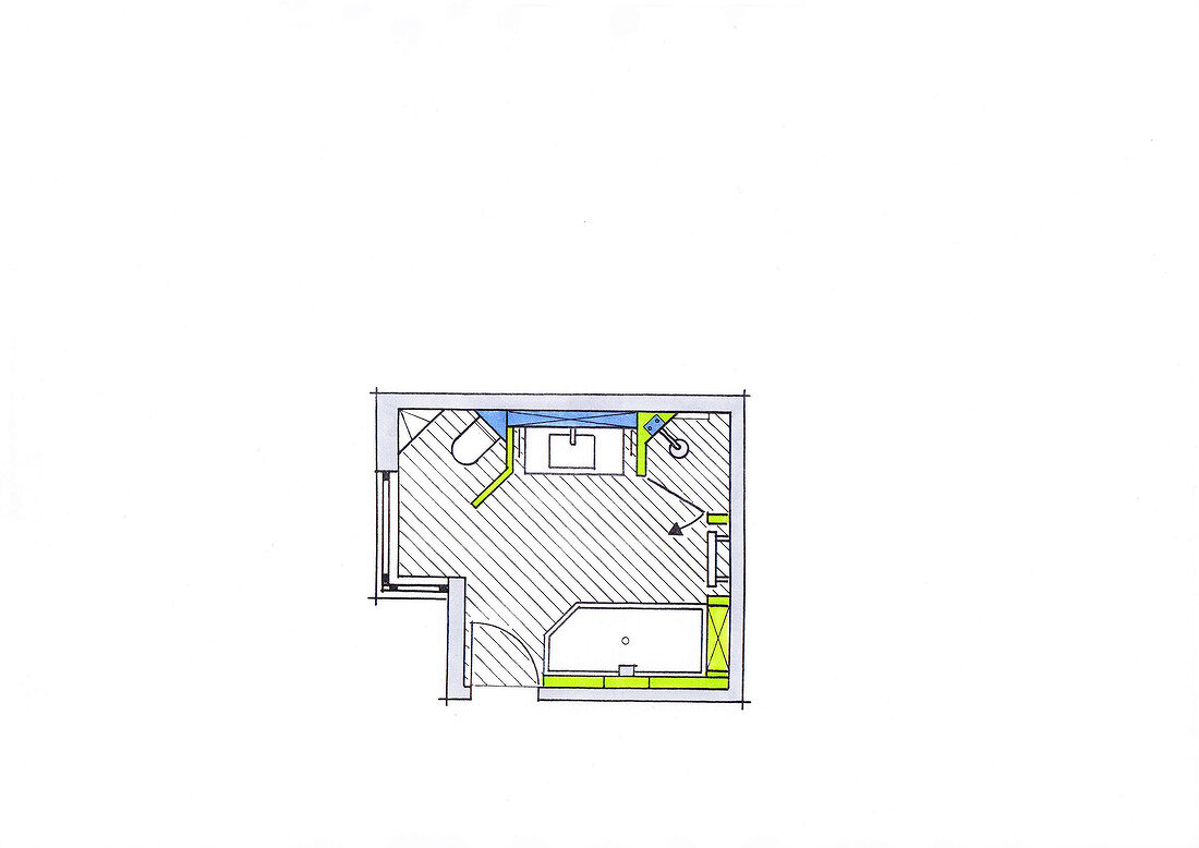 Illustration of bathroom with all the corners occupied, Elevated view