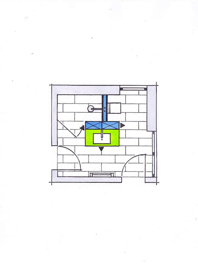 Badezimmer, draufsicht, Waschplatz in der Mitte, zentriert