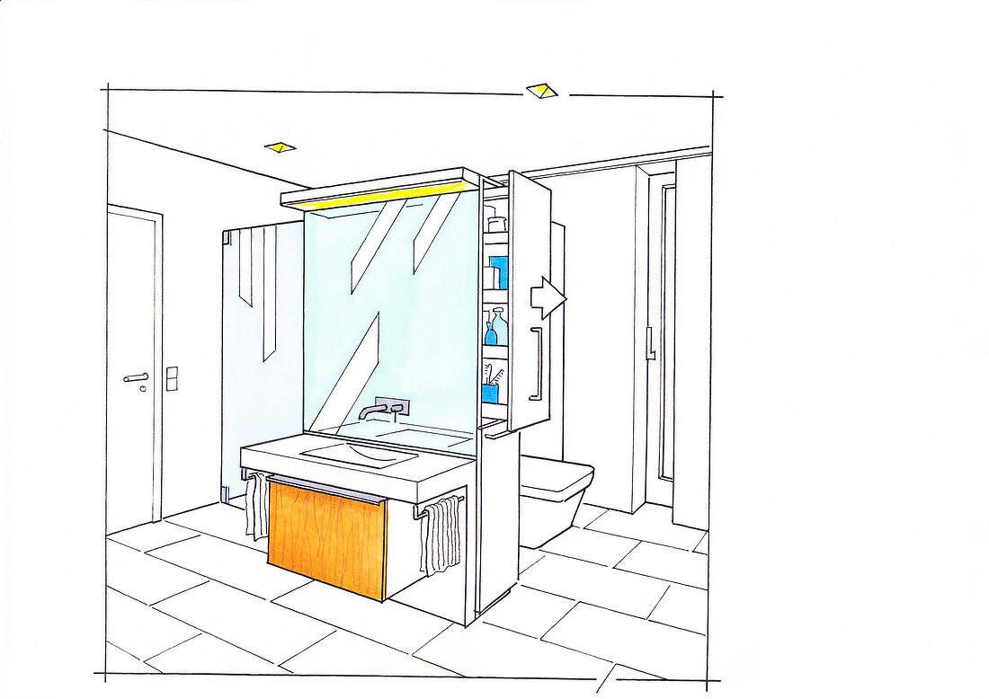 Illustration of bathroom with laundry room in the centre