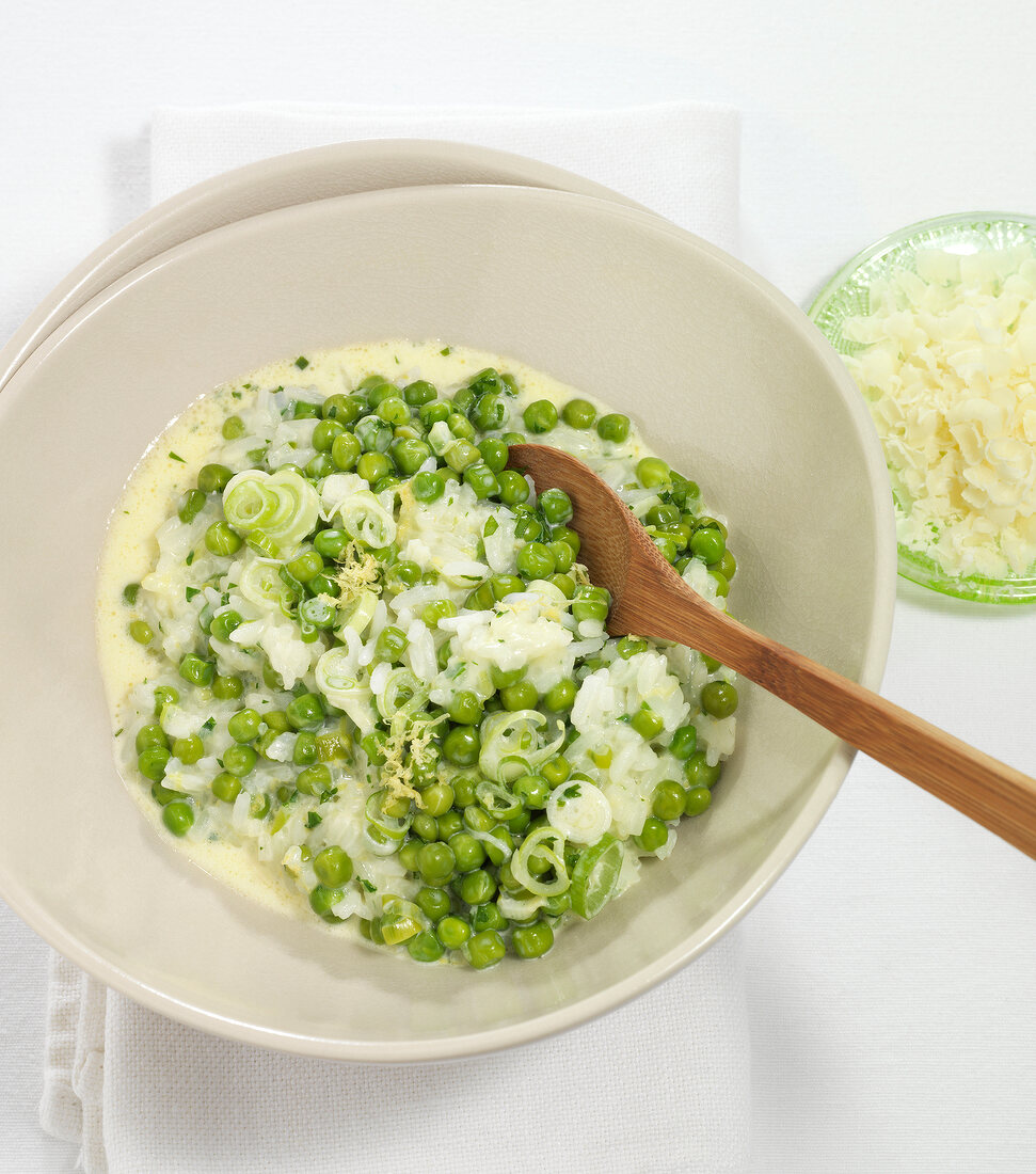 Rice with lemon peas in bowl