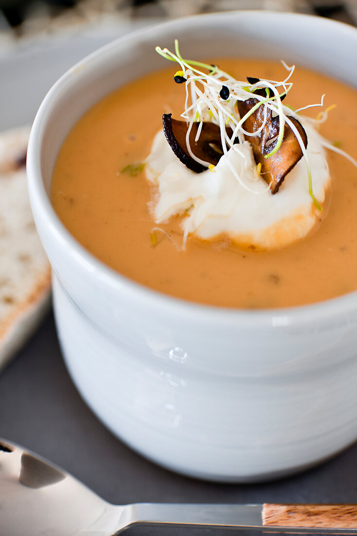 Close-up of lobster cream soup with cream in bowl