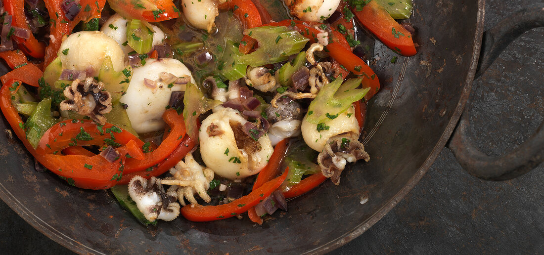 Close-up of squid in pan