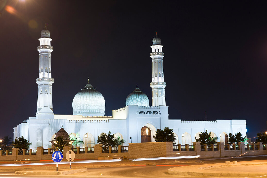 View of Sultan Qaboos grand mosque at dusk, Oman