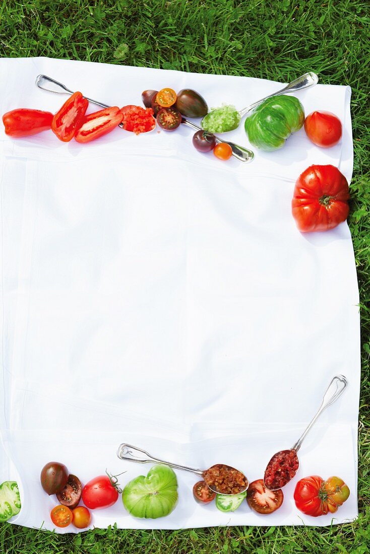 Various tomatoes on a cloth on the grass