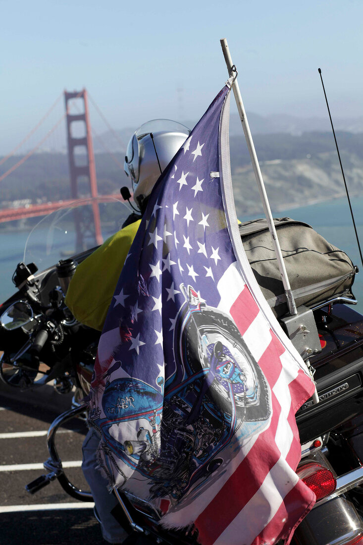 Motorcyclists with USA Flag in San Francisco, California, USA
