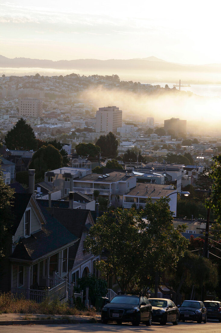 View of Mission District cityscape with morning mist in San Francisco, California, USA
