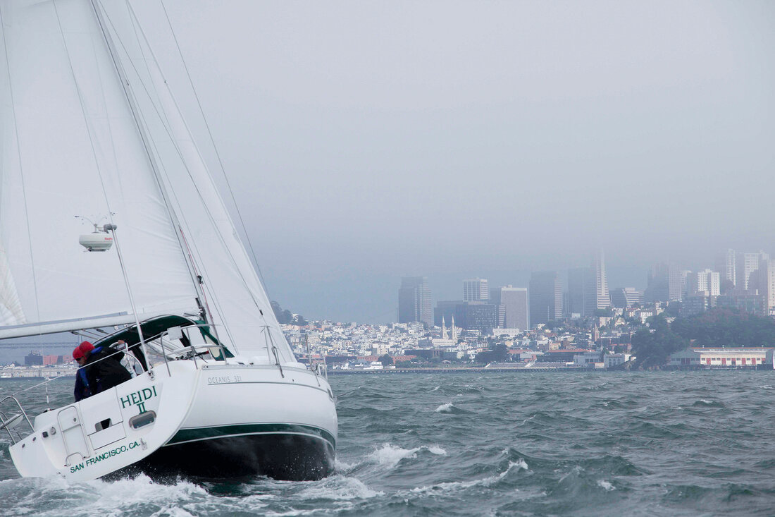 View of city with sailing boat, San Francisco, California, USA
