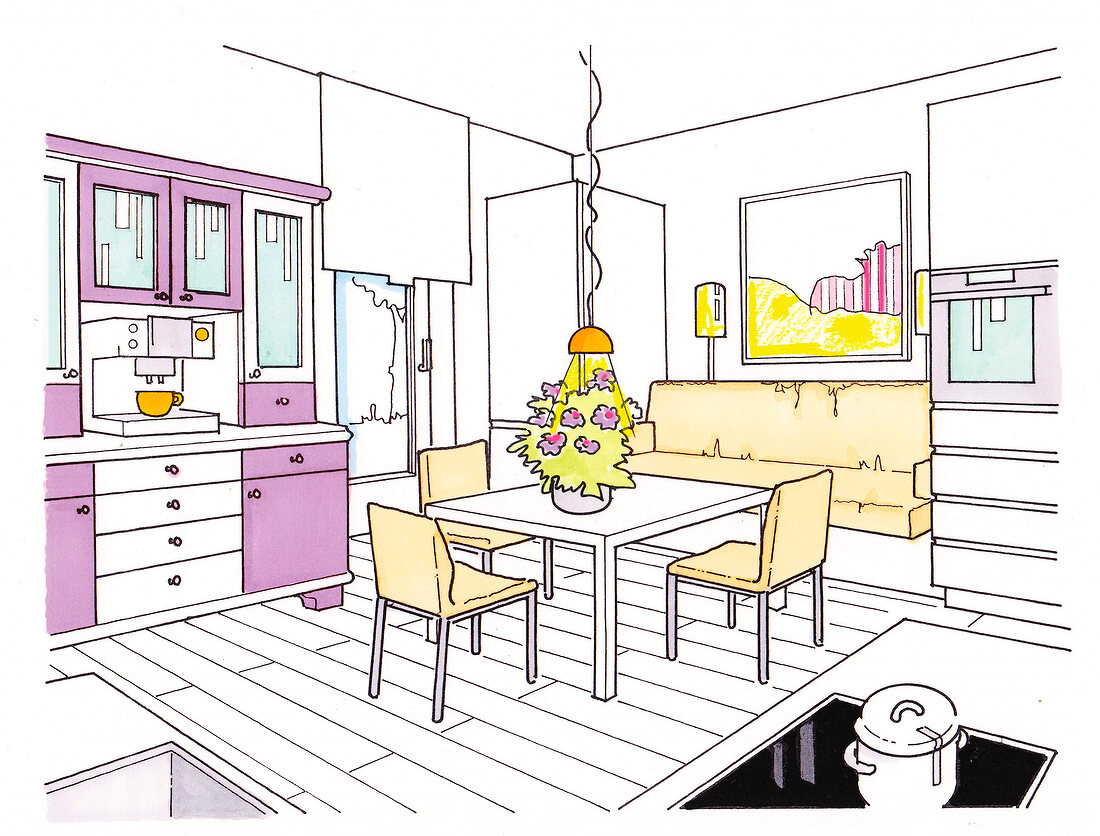Illustration of dining area and kitchen