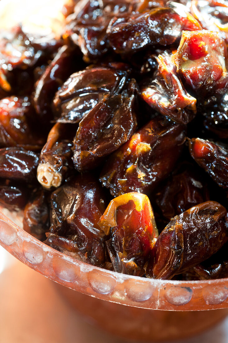 Close-up of dried dates in bowl from Oman