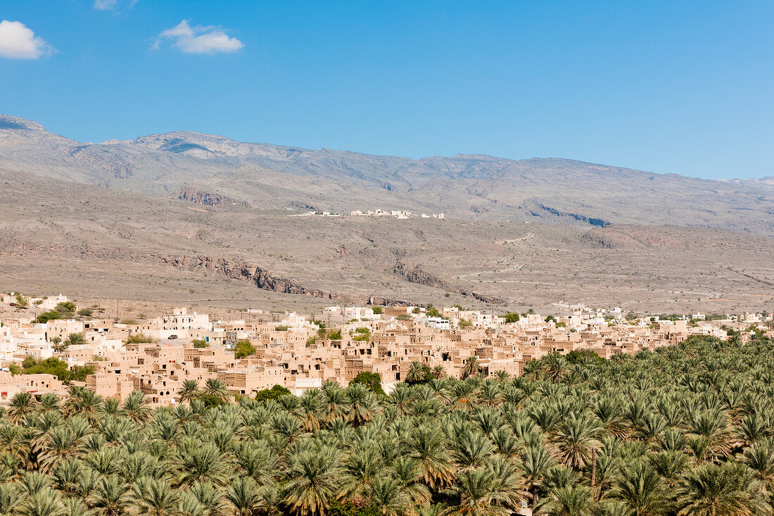 View of landscape of old city with palms trees in Al Hamra, Oman