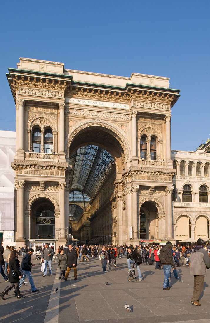 Entrance of Galleria Vittorio Emanuele II in Piazza del Duomo in Milan, Italy