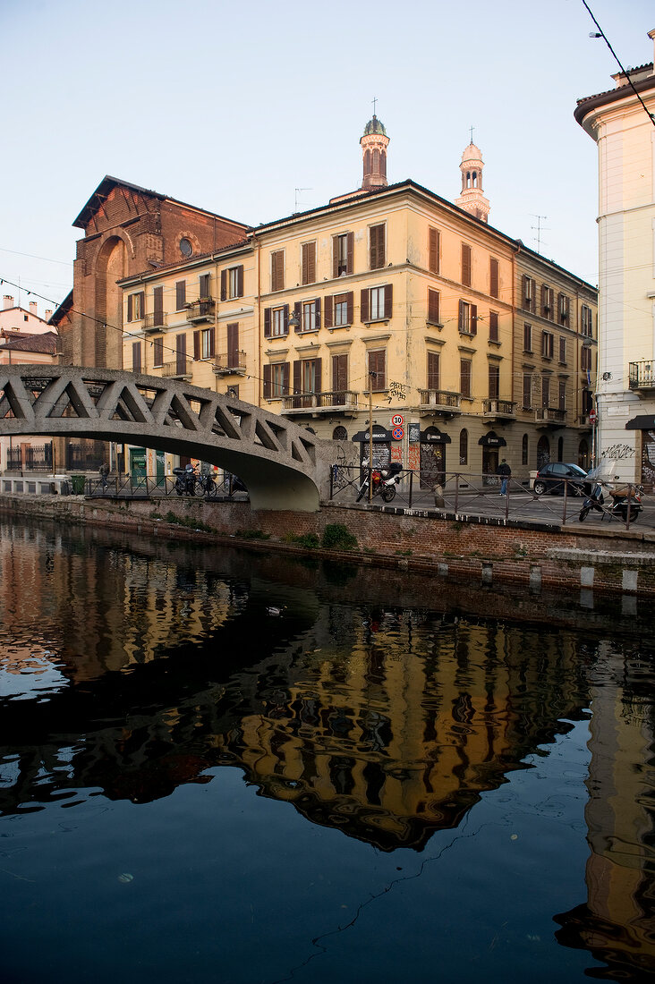 Navigli canal and bridge with building in Milan, Italy