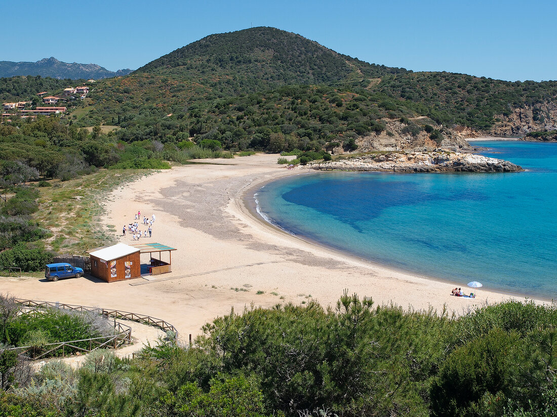 View of beach Baia Chia on the southern coast of Sardinia, Italy