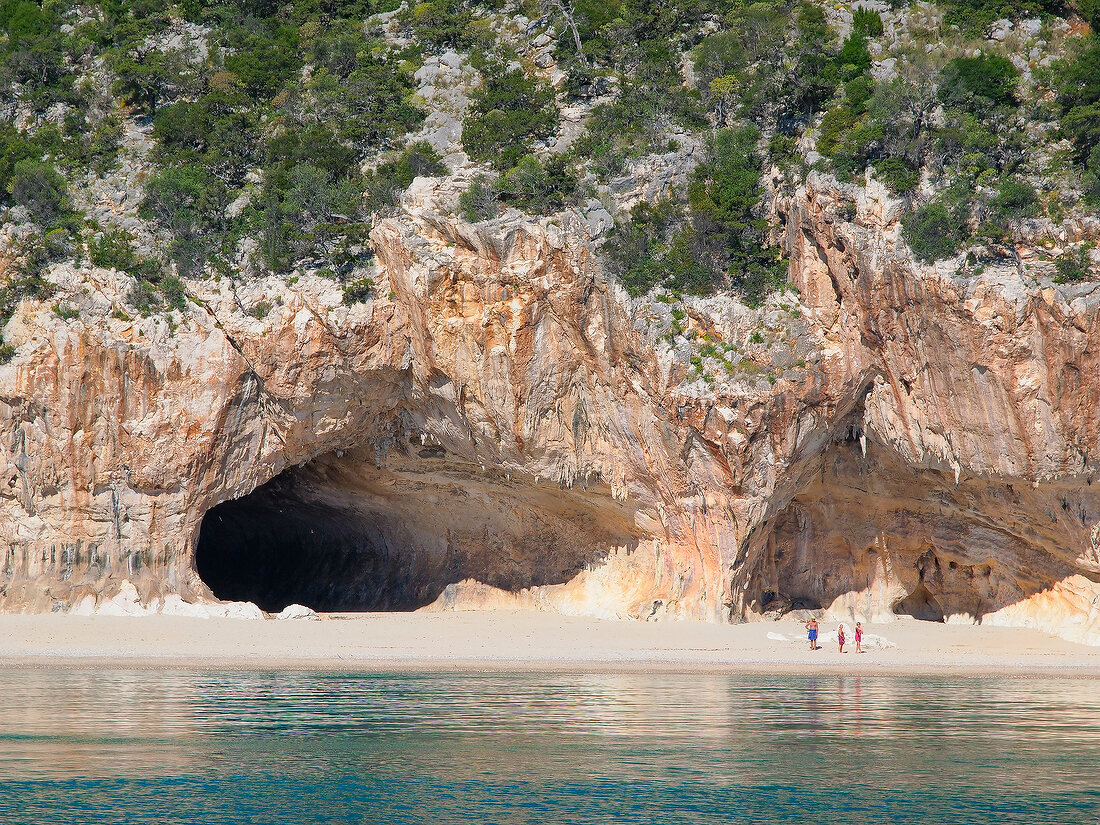 View of two caves from Mediterranean Sea, Cala Luna, Gulf of Orosei, Sardinia, Italy