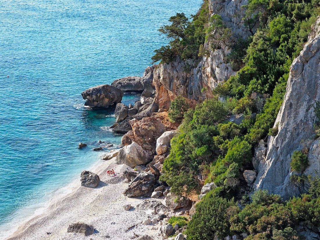 Elevated view of cliffs at Caletta Fuili, Gulf of Orosei, Sardinia, Italy