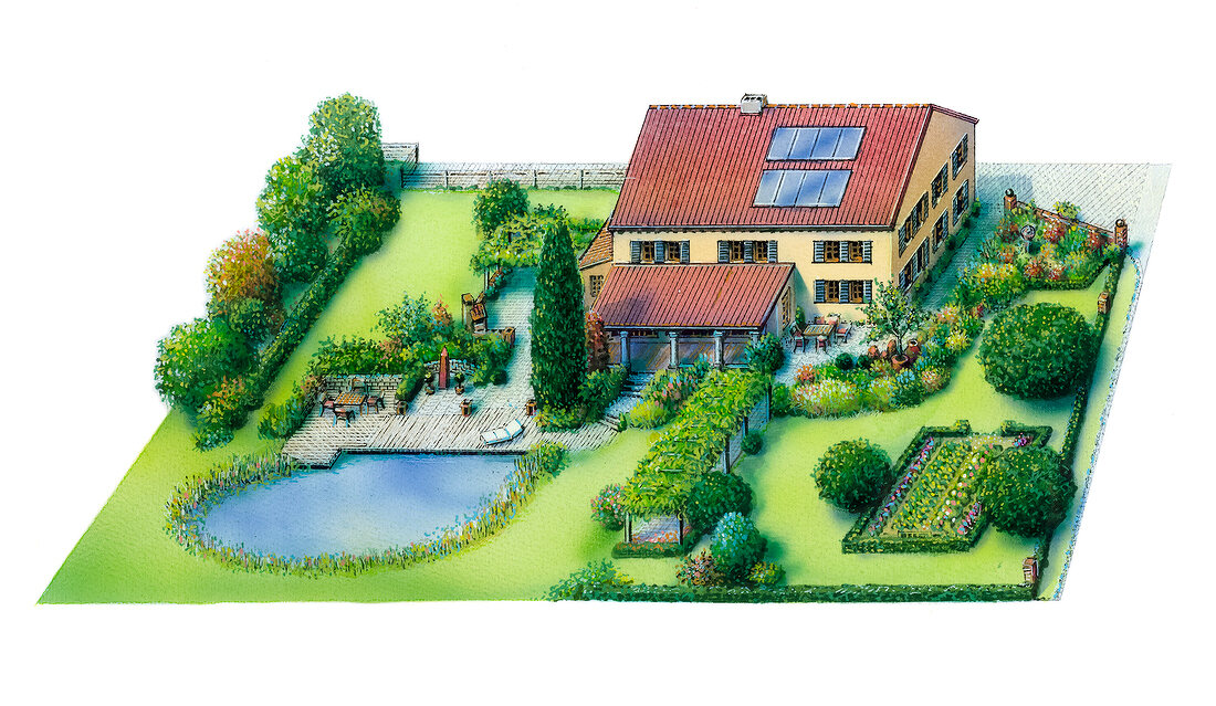 Illustration of house with top detached garden and ornamental garden pond