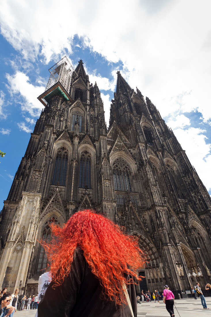 View of Cathedral Roncalli tower in Cologne, Germany, low angle view
