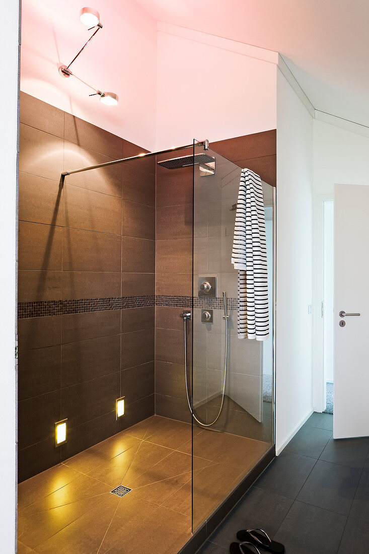 Bathroom with open shower, glass wall and lights