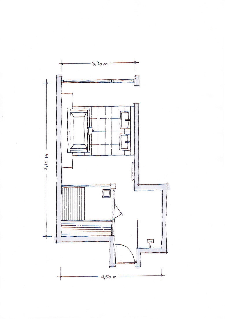 Illustration of bathroom and pitched roof layout