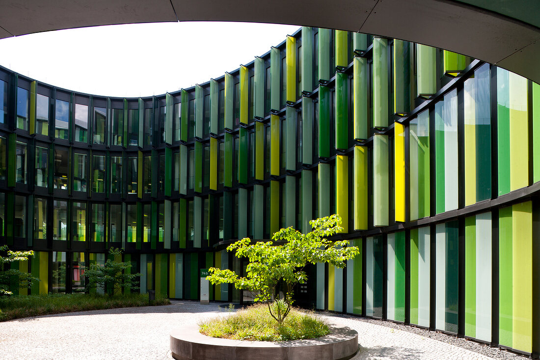 View of Oval Office complex with green panels in Bayenthal, Cologne, Germany