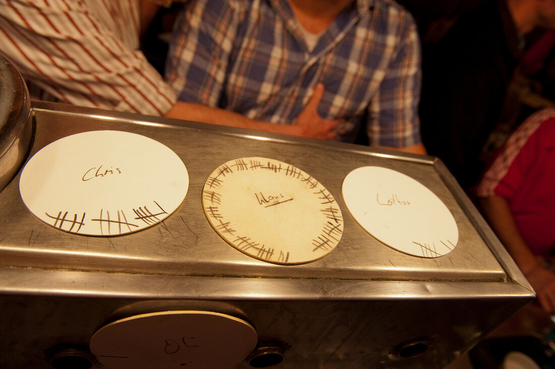Paper with tally sign on counter of Restaurant Lommerzheim, Deutz, Cologne, Germany