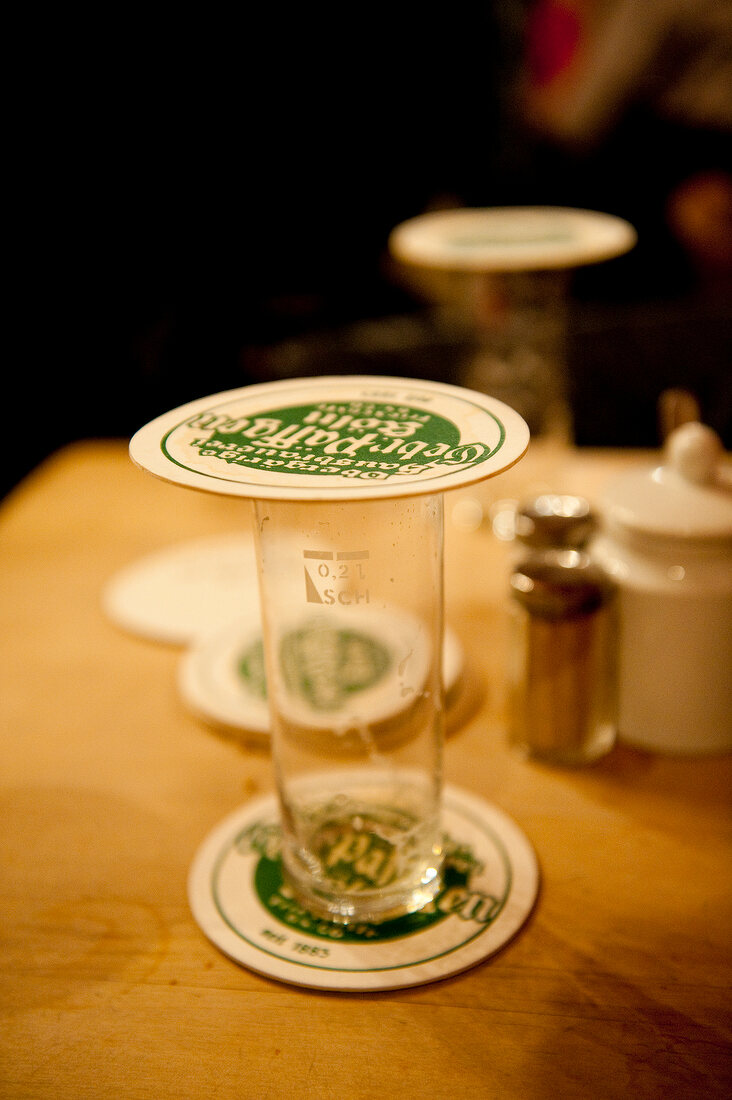 Close-up of empty beer glass in Restaurant Lommerzheim, Deutz, Cologne, Germany