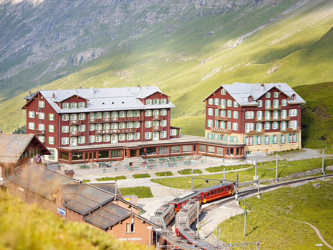 View of train at railway station and hotel in Alps, Switzerland
