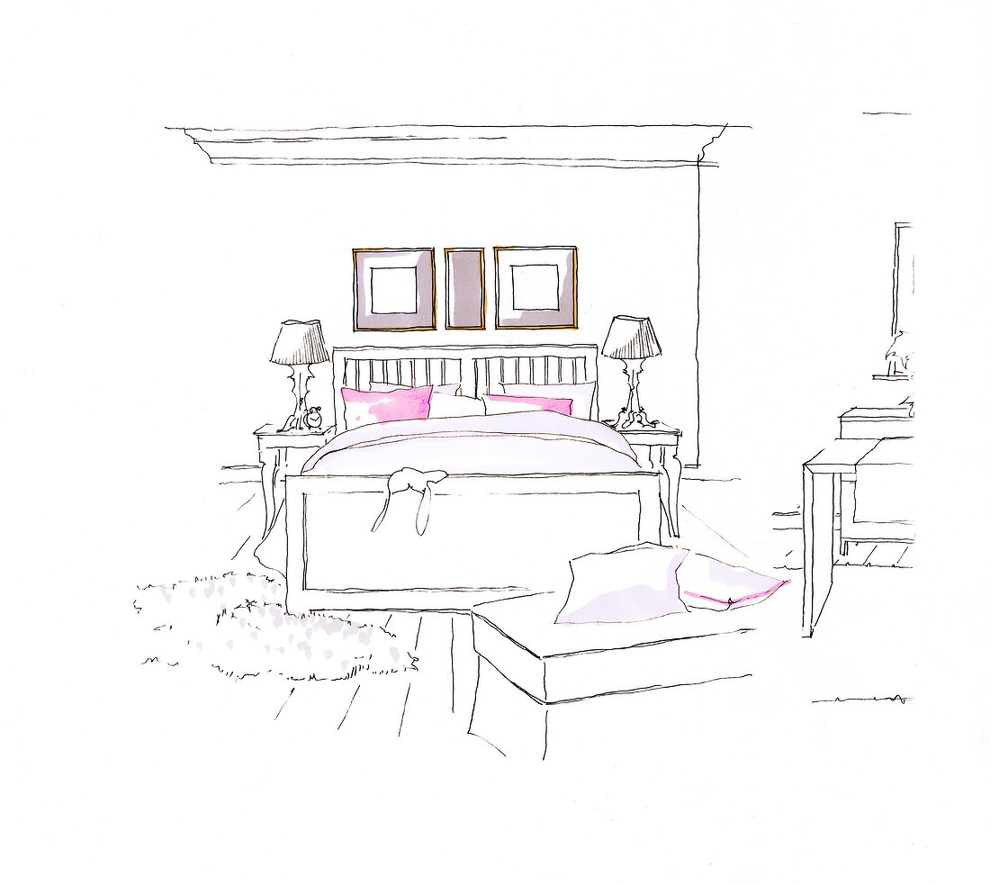 Illustration of bedroom with double bed and picture frames on wall