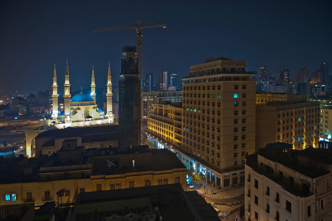 View of illuminated Mohammad Al-Amin Mosque at night in Martyrs' Square, Beirut, Lebanon