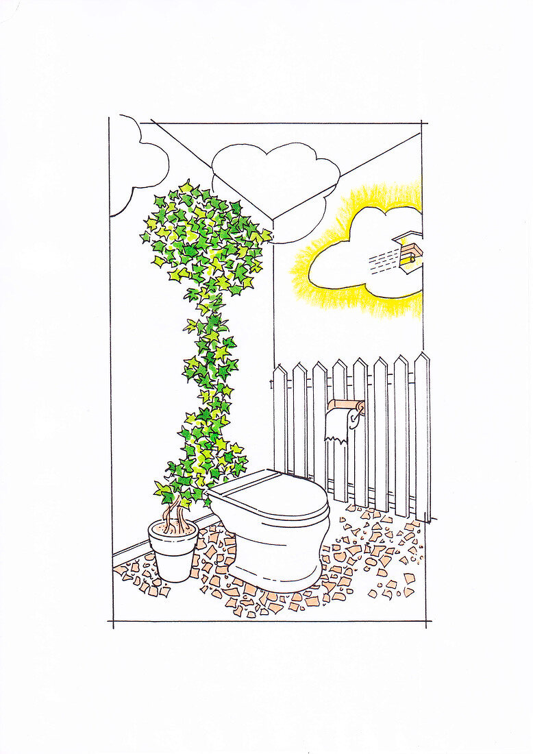 Illustration of toilet with toilet seat and tissue roll