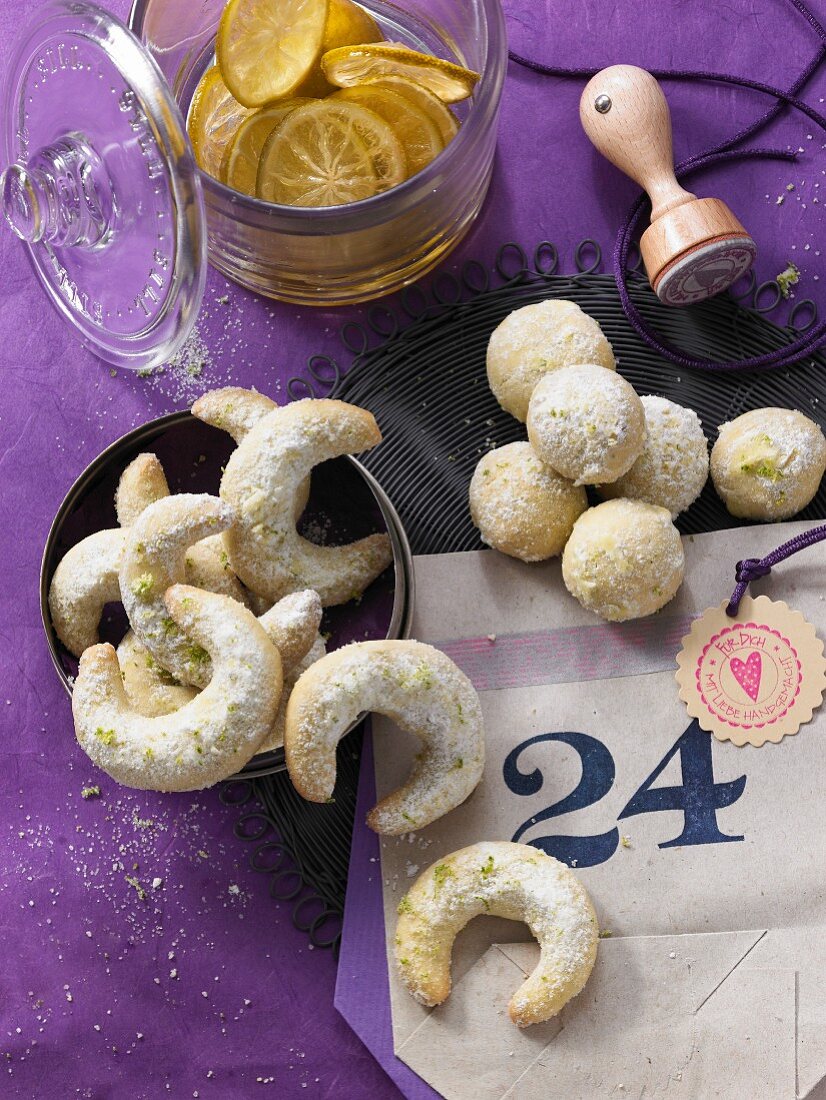 Lime Kipferl (crescent shaped biscuits) lime balls and candied lime slices