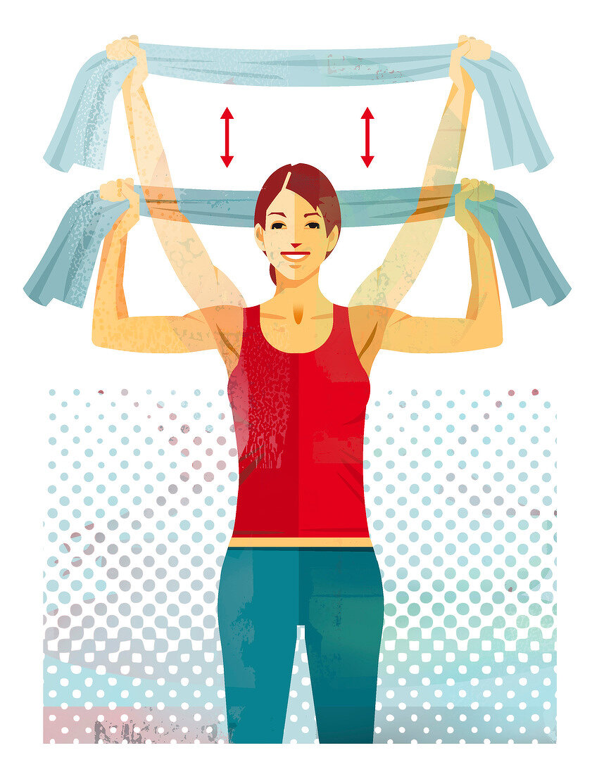 Illustration of woman exercising with towel to get relief from neck pain