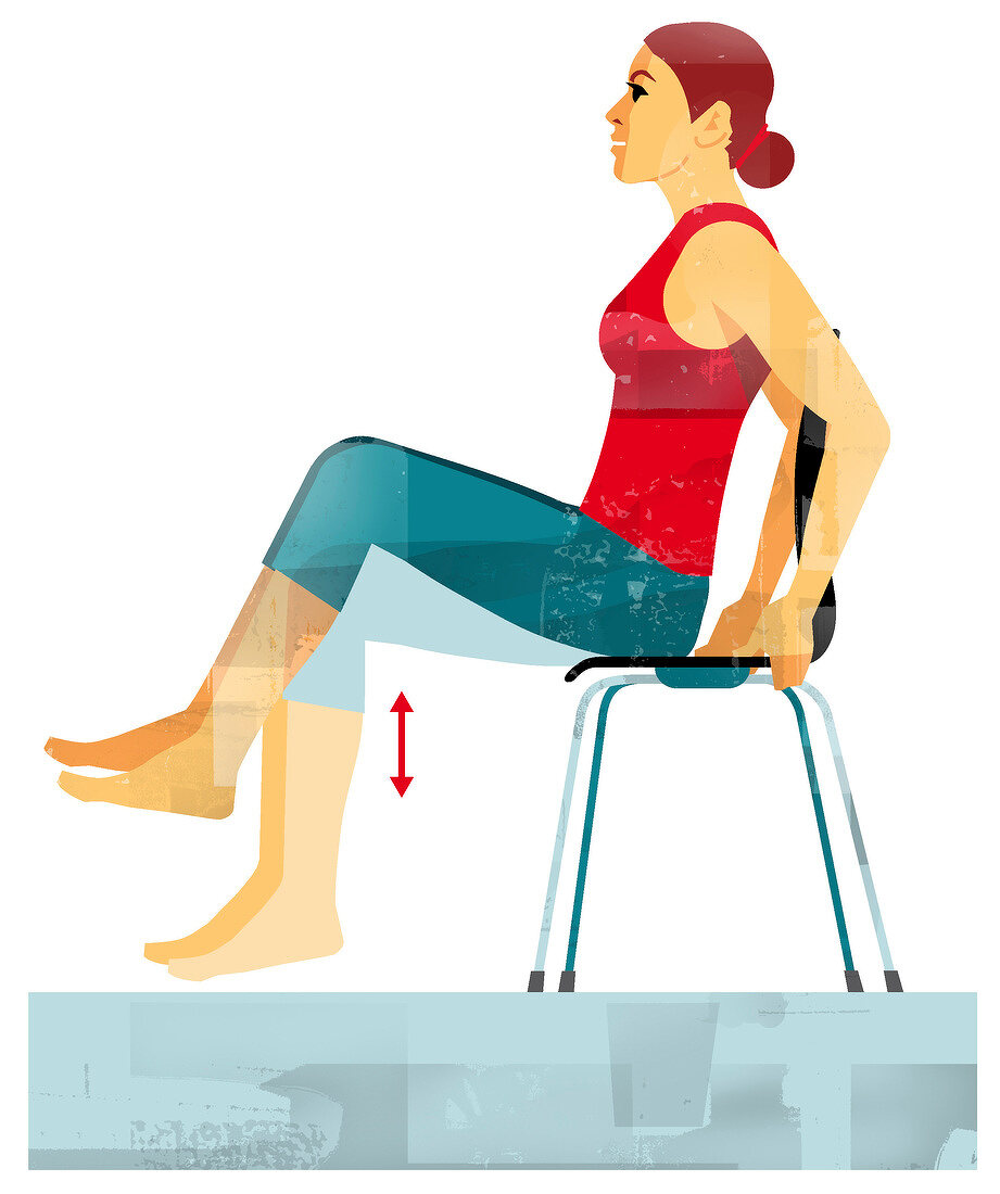 Illustration of woman sitting on chair and performing exercise to strengthen lower back